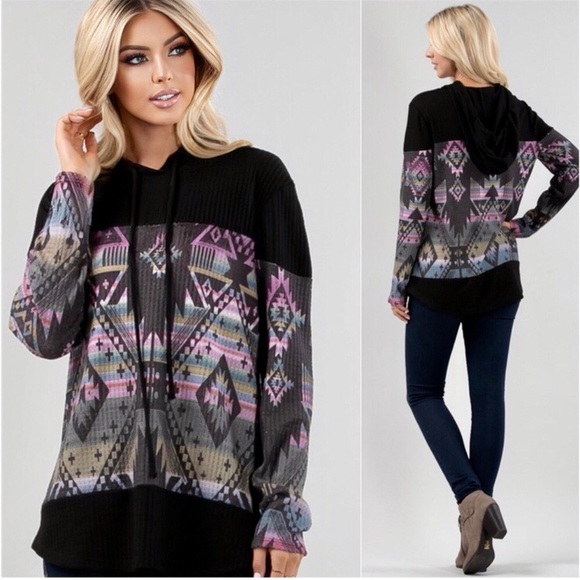 LLK Tops - USA Made Aztec women’s long sleeve black colorful casual comfy hoodie top